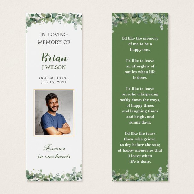 Greenery Green Photo Funeral Memorial Bookmark (Front & Back)