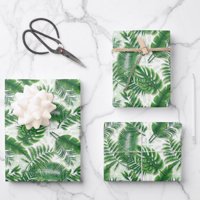 Greenery Green Tropical Leaves Pattern Wrapping Paper Sheet (Front)