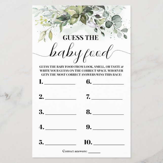 Greenery Guess the Baby Food Shower Game Card (Front)
