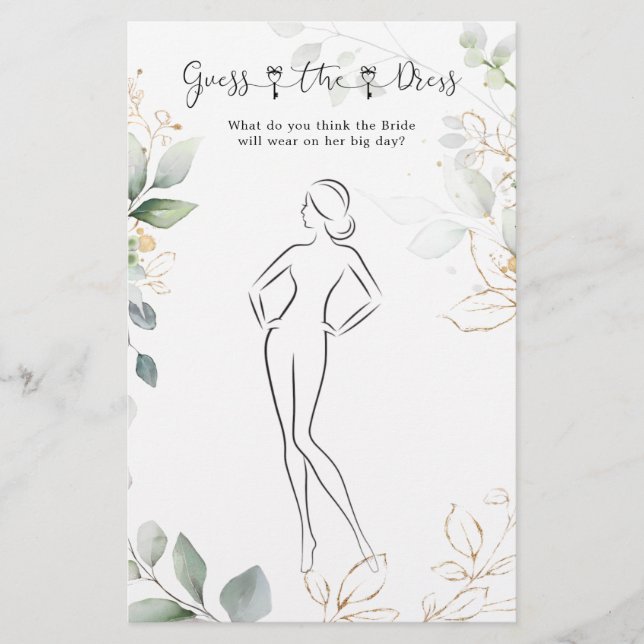 Greenery Guess The Dress Bridal Shower Game Stationery (Front)
