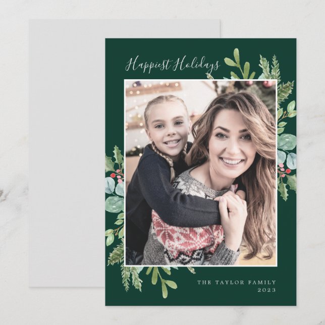Greenery Happiest Holidays | Green Photo Holiday Card (Front/Back)