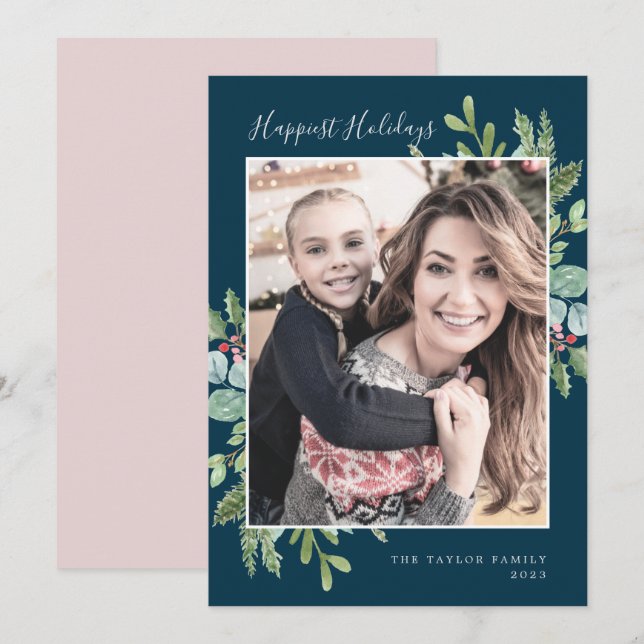 Greenery Happiest Holidays | Navy Photo Holiday Card (Front/Back)