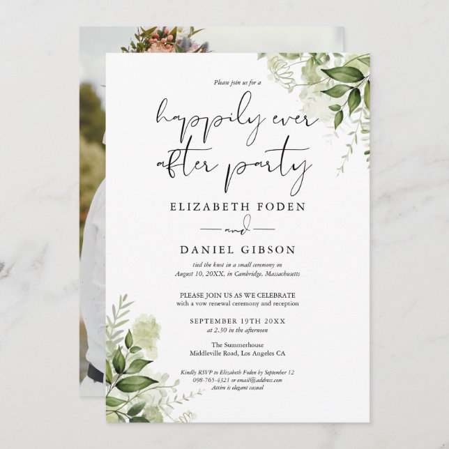 Greenery Happily Ever After Eloped Wedding Photo Invitation (Front/Back)