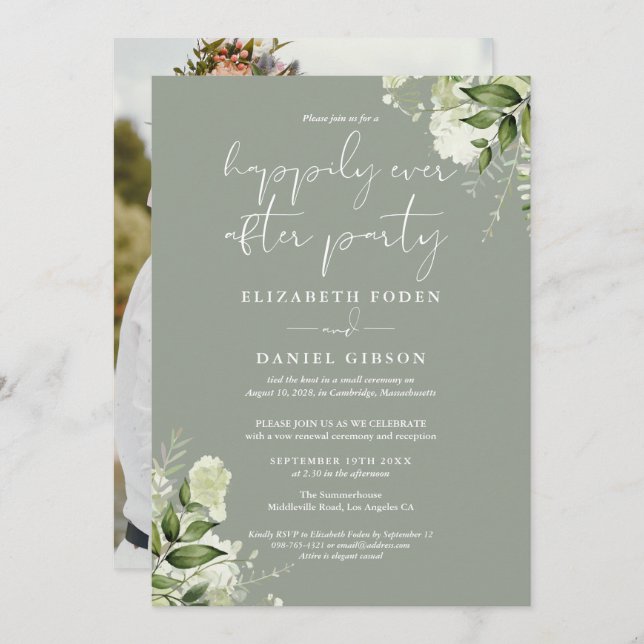 Greenery Happily Ever After Eloped Wedding Photo Invitation (Front/Back)