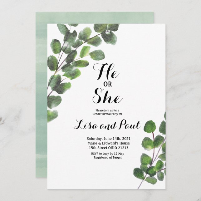 Greenery He or She Gender Reveal Invitation (Front/Back)