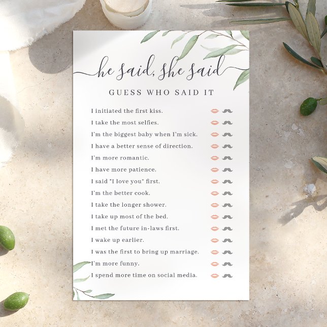 Greenery He said She said bridal shower game (Greenery He said She said bridal shower game)