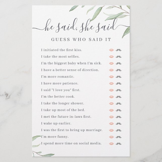 Greenery He said She said bridal shower game (Front)