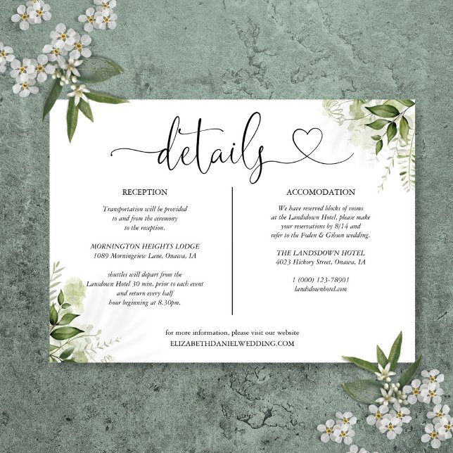 Greenery Heart Script Details Information Invitation (Greenery Heart Script Wedding Details Card)