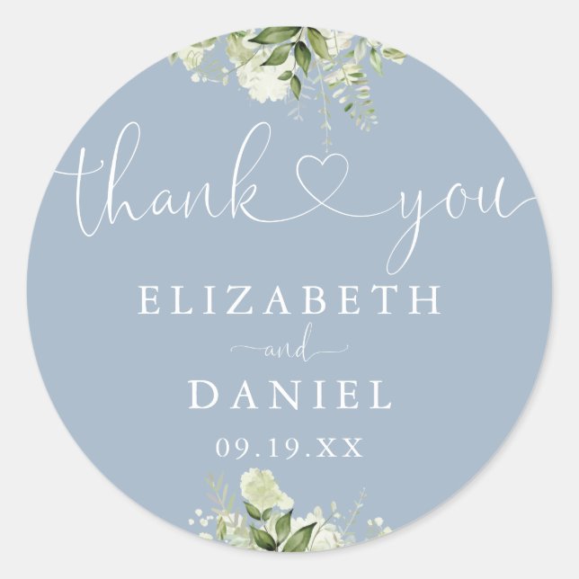 Greenery Heart Script Dusty Blue Wedding Favour Classic Round Sticker (Front)