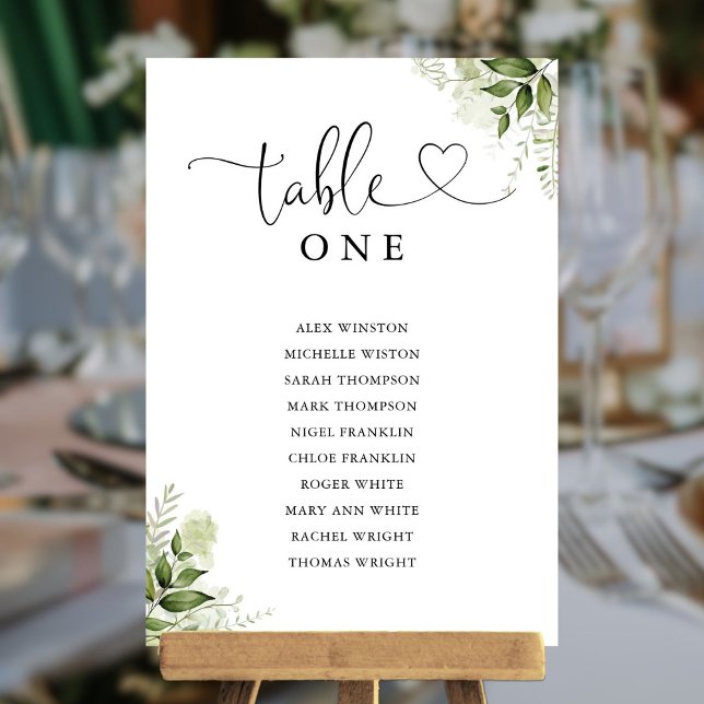 Greenery Heart Script Table Number Seating Chart (Greenery Heart Script Table Number Seating Chart)