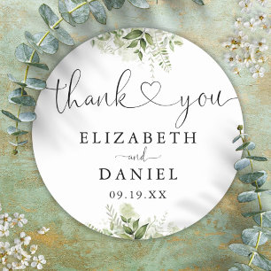 Greenery Heart Script Thank You Wedding Favour Classic Round Sticker