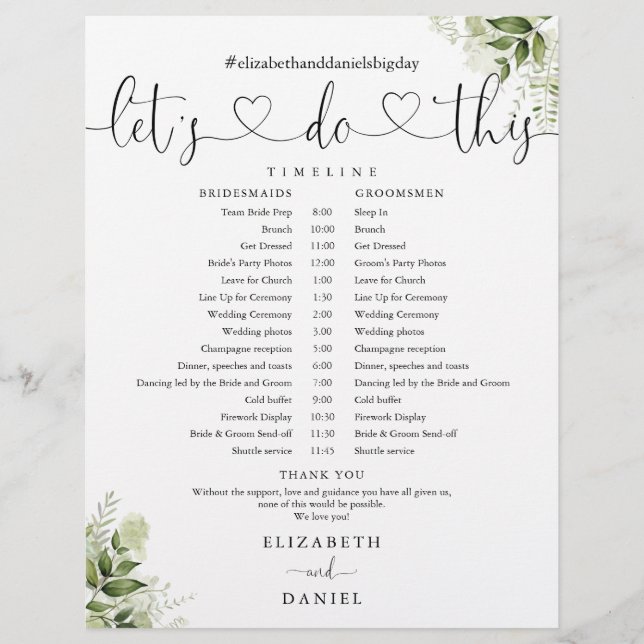 Greenery Heart Script Wedding Schedule Timeline (Front)