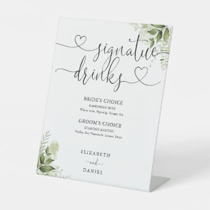 Greenery Heart Script Wedding Signature Drinks Pedestal Sign