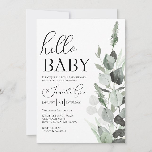 Greenery Hello Baby Baby Shower Invitation (Front)
