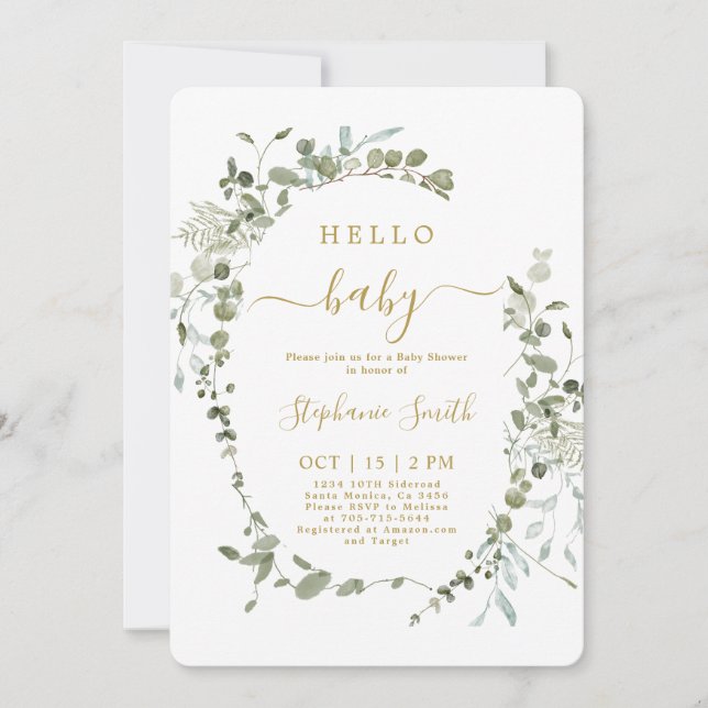 Greenery Hello Baby Shower Invitation (Front)