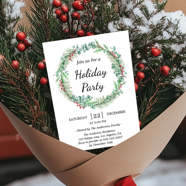 Greenery Holiday Wreath Minimalist Christmas Party Invitation (Creator Uploaded)