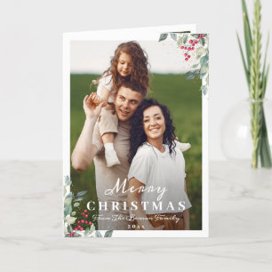 Greenery Holly Berries 2 Photo Merry Christmas Holiday Card