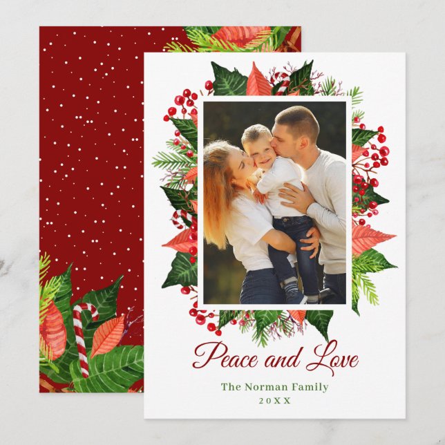 Greenery Holly Berries Peace and Love Photo Holiday Card (Front/Back)