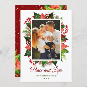 Greenery Holly Berries Peace and Love Photo Holiday Card