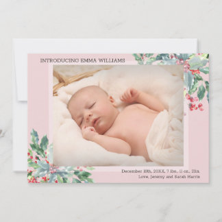 Greenery Holly Bouquet Photo Holiday Pink Birth Announcement