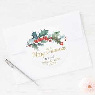 Greenery holly red gold watercolor Christmas Classic Round Sticker