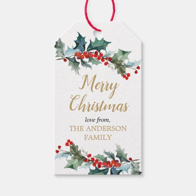 Greenery holly red gold watercolor Christmas Gift Tags (Front)
