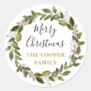 Greenery Holly Wreath Merry Christmas Classic Round Sticker