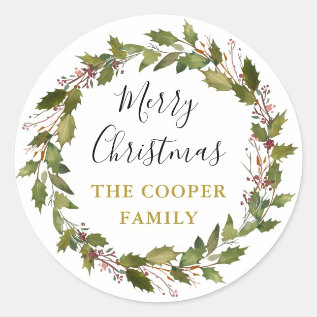 Greenery Holly Wreath Merry Christmas Classic Round Sticker (Front)