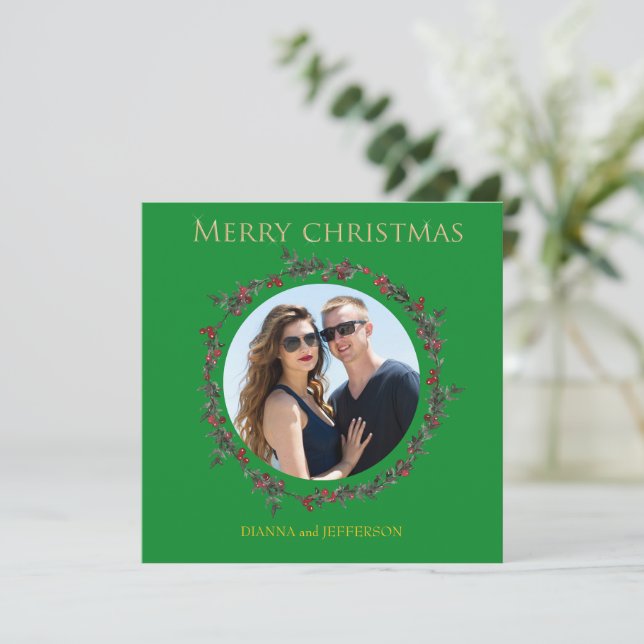 Greenery Holly Wreath that encloses your photo Holiday Card (Standing Front)