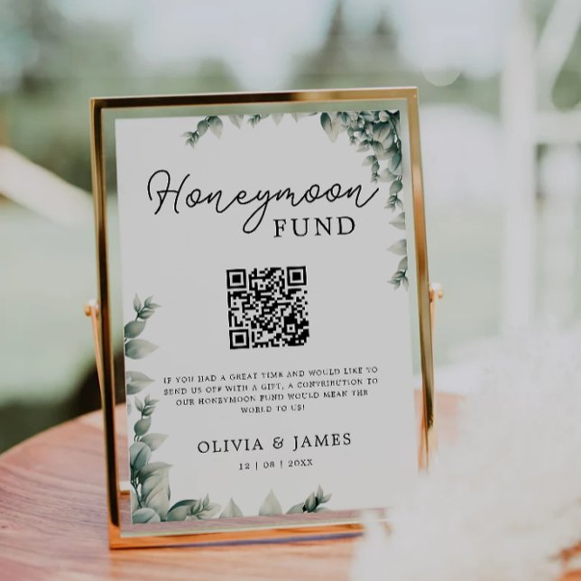 Greenery  Honeymoon Fund QR Code Sign, Wedding  Invitation (Greenery Honeymoon Fund QR Code Sign, Wedding Invitation)