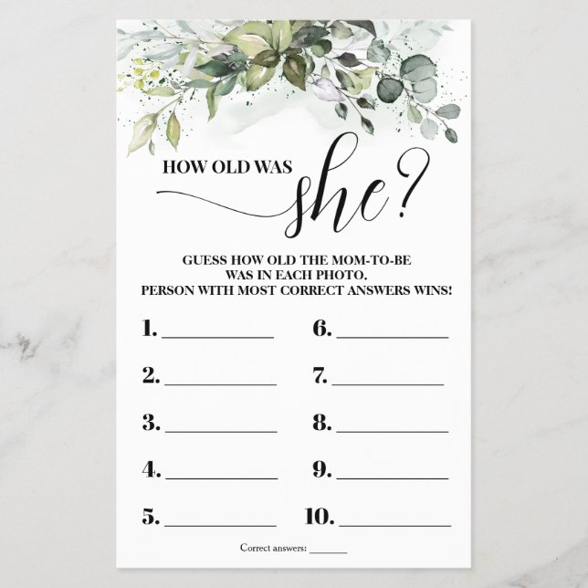 Greenery How old was Mum Baby Shower Game Card (Front)