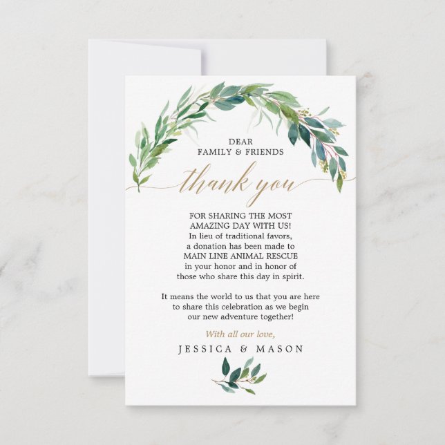 Greenery In Lieu of Favours Thank You Place Card (Front)