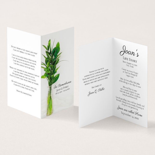 Greenery in Vase Funeral Service Memorial Prayer Business Card (Inside and Outside)