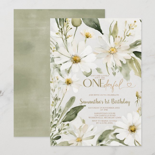 Greenery Isn't She Onederful 1st Birthday Flowers Invitation (Front/Back)