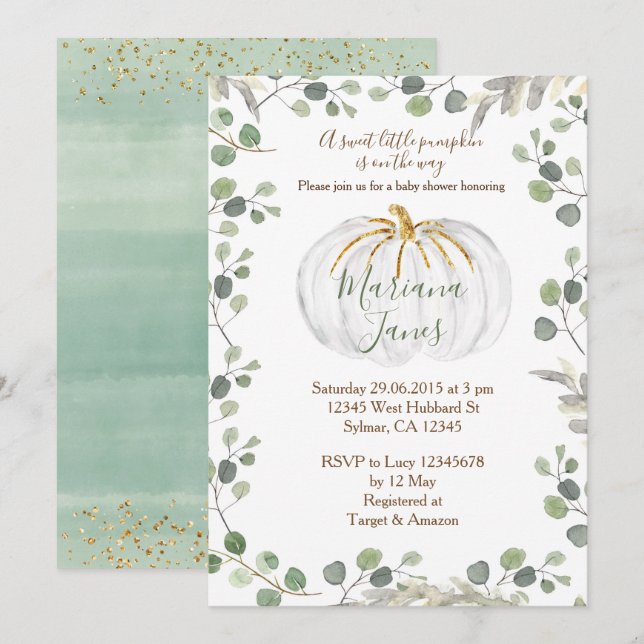 Greenery it's a boy pumpkin baby shower watercolor invitation (Front/Back)