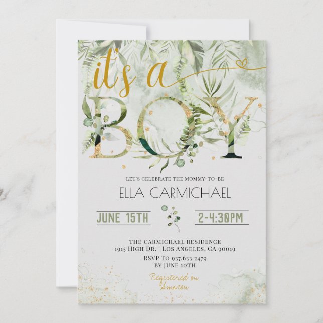 Greenery It's a Boy Shower Invitation (Front)