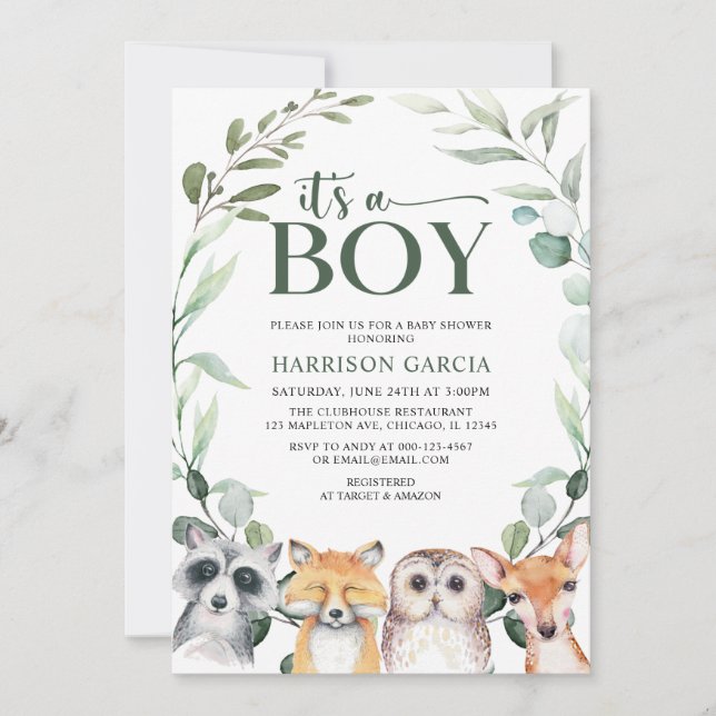 Greenery It's A Boy Woodland Animals Baby Shower Invitation (Front)