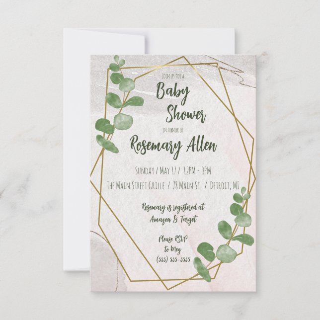 Greenery, Ivory, and Gold Frame Baby Shower Invitation (Front)