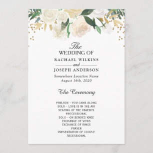Greenery Ivory Floral Gold Glitter Wedding Programme