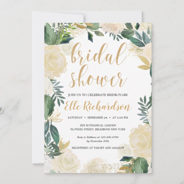Greenery ivory floral wreath gold bridal shower invitation (Front)