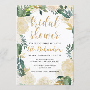 Greenery ivory floral wreath gold bridal shower invitation