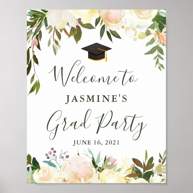 Greenery Ivory White Floral Graduation Party Sign (Front)