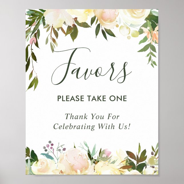 Greenery Ivory White Floral Wedding Favours Sign (Front)