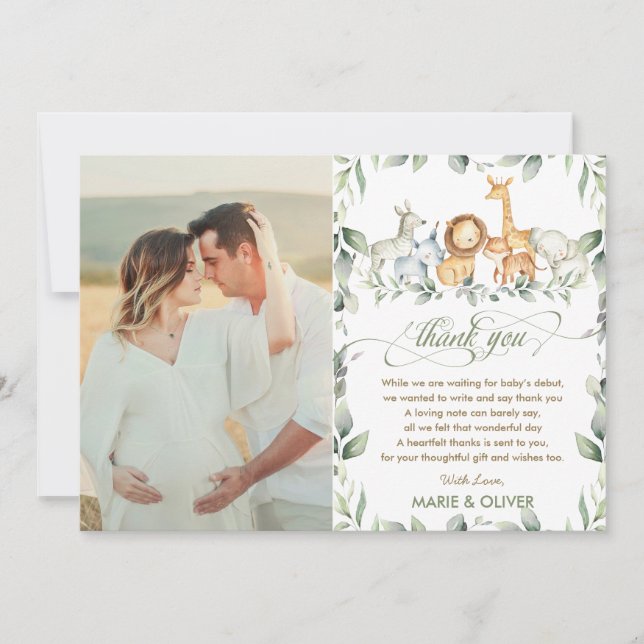 Greenery Jungle Animals Baby Shower Birthday Photo Thank You Card (Front)