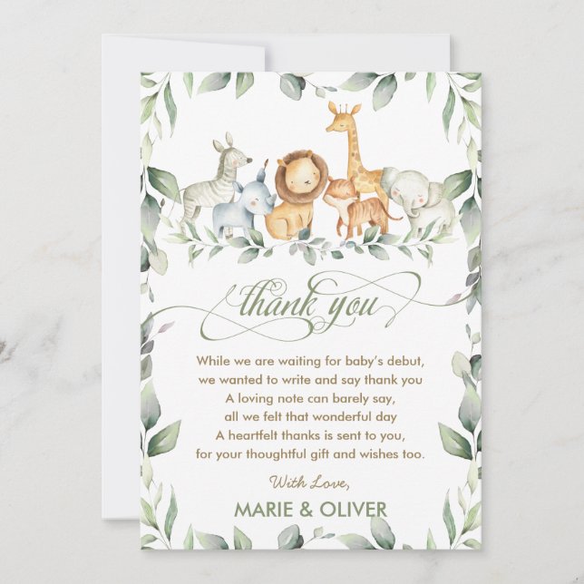 Greenery Jungle Animals Baby Shower Birthday    Th Thank You Card (Front)