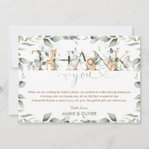 Greenery Jungle Animals Baby Shower Birthday    Thank You Card