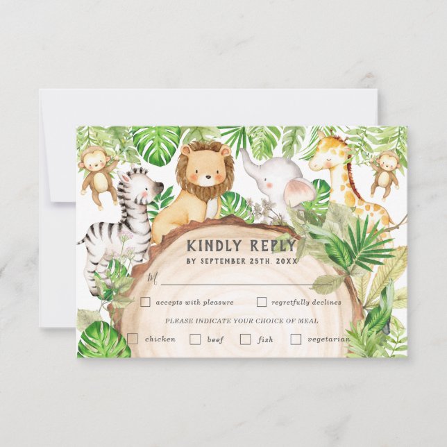 Greenery Jungle Animals Baby Shower Meal Choice RSVP Card (Front)