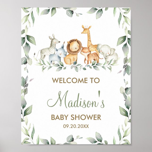Greenery Jungle Animals Baby Shower Welcome Sign (Front)