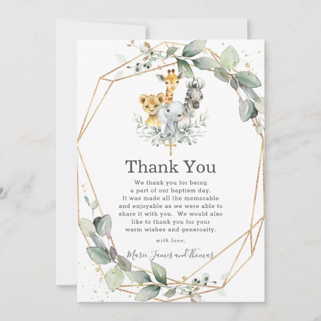 Greenery Jungle Animals Baptism Thank You Card (Front)