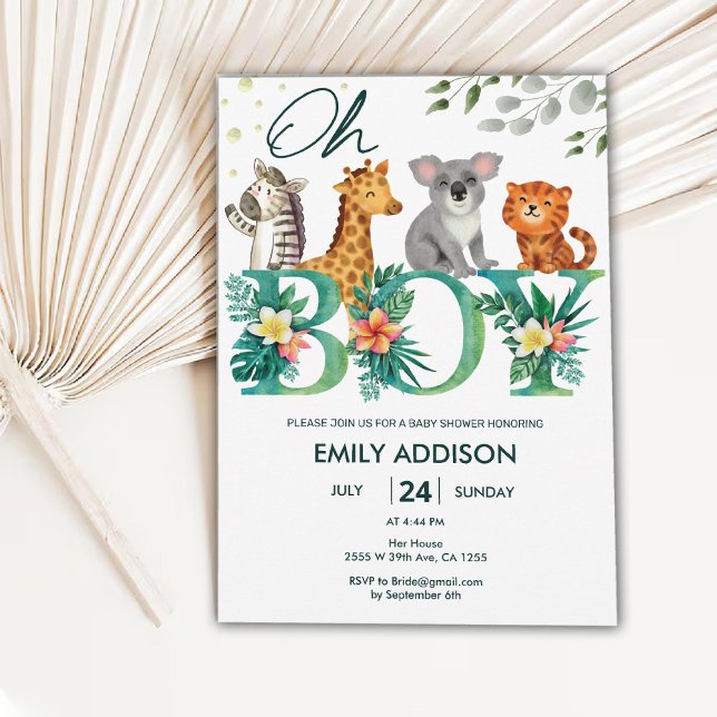 Greenery Jungle Animals Oh Boy Safari Baby Shower Invitation (Greenery Jungle Animals Oh Boy Safari Baby Shower Invitation)